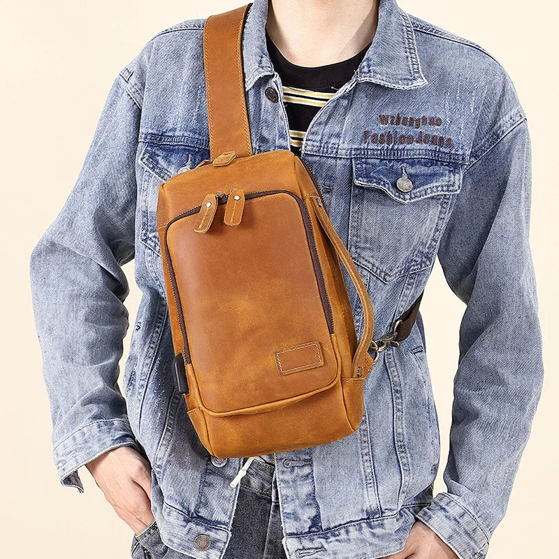 AIGUONIU Men's Retro Crazy Horse Leather Crossbody Shoulder Bag with USB Charging Port Anti-Theft Chest Bag