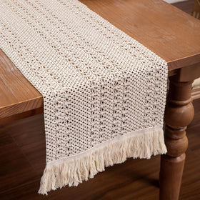 American Style Cotton Farmhouse Vintage Jacquard Hand Woven Beige Burlap Washable Customizable Macrame Table Runner