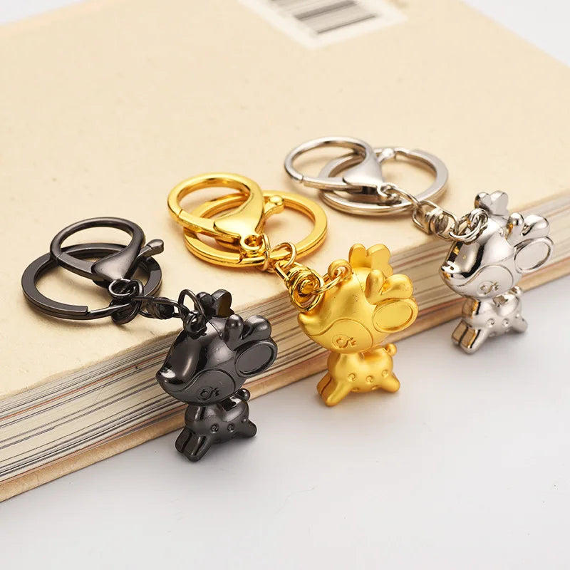 Customized 3D Craft Cute Deer Animal Toys Keyrings Cartoon Key Chains Christmas Gifts Tree Car Decoration Gold Metal Keychains