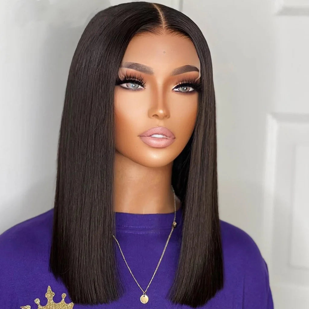 Natural Black Double Drawn Short Bob Wig 100% Brazilian Hair 12 Inch Straight Lace Frontal Wig for Black Women