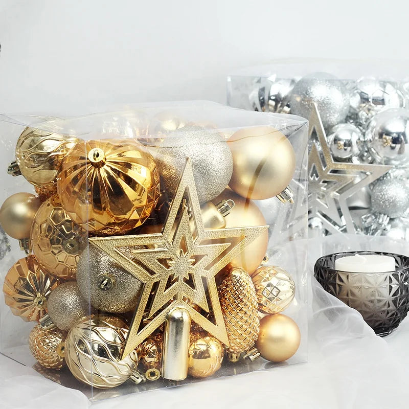 Cross Border 45pcs Christmas Decorations Set Xmas Tree Top Star Printed Christmas Ball Pendant with Electroplating Gift Pack