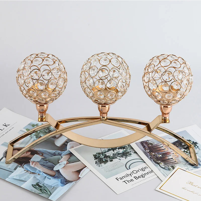Romantic Candlelight Dinner Creative Candlestick Ornament 3 Heads Metal Crystal Tealight Candles  Chandeliers for Wedding Decor