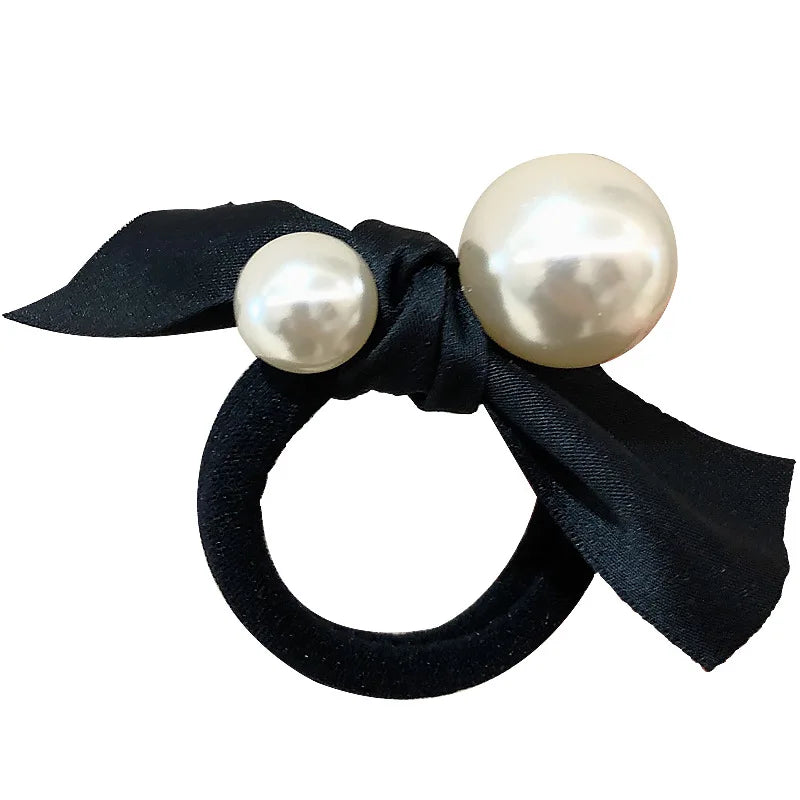 Korean Style Black Bow Scrunchies Girls High Stretchy Seamless Rubber Bands Big Pearls Hair Ties Women