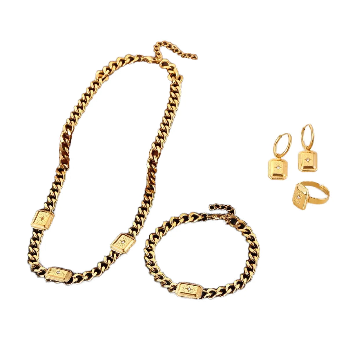 New Fashion 18K Gold Plated 4pcs Stainless Steel Zircon Jewelry Set Includes Necklace Earrings Bracelet for Wedding Engagement