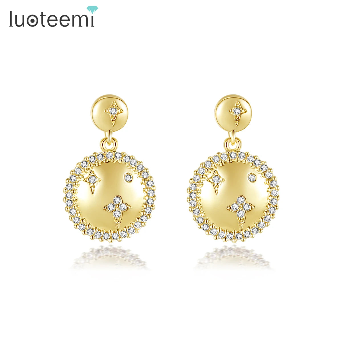 LUOTEEMI Girl Earring Jewelry Gold Plated Fashion Clear Cubic Zirconia Star Inlaid Drop Earrings for Women