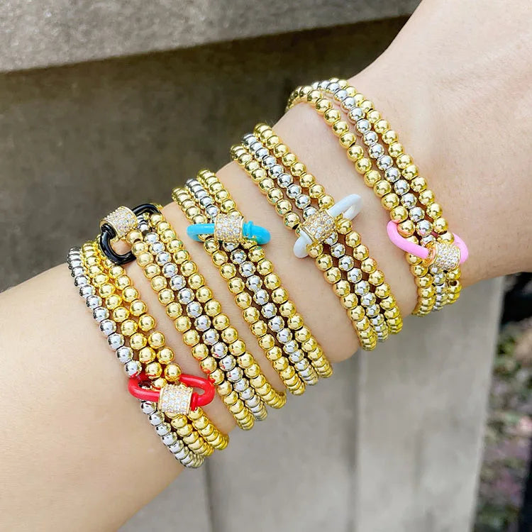 BC1373 Gold CZ Carabiner Gold Silver Triple 3 Stack Set Beaded Ball Bracelet Stack Joined by Gold CZ Enamel Carabiner Clasp