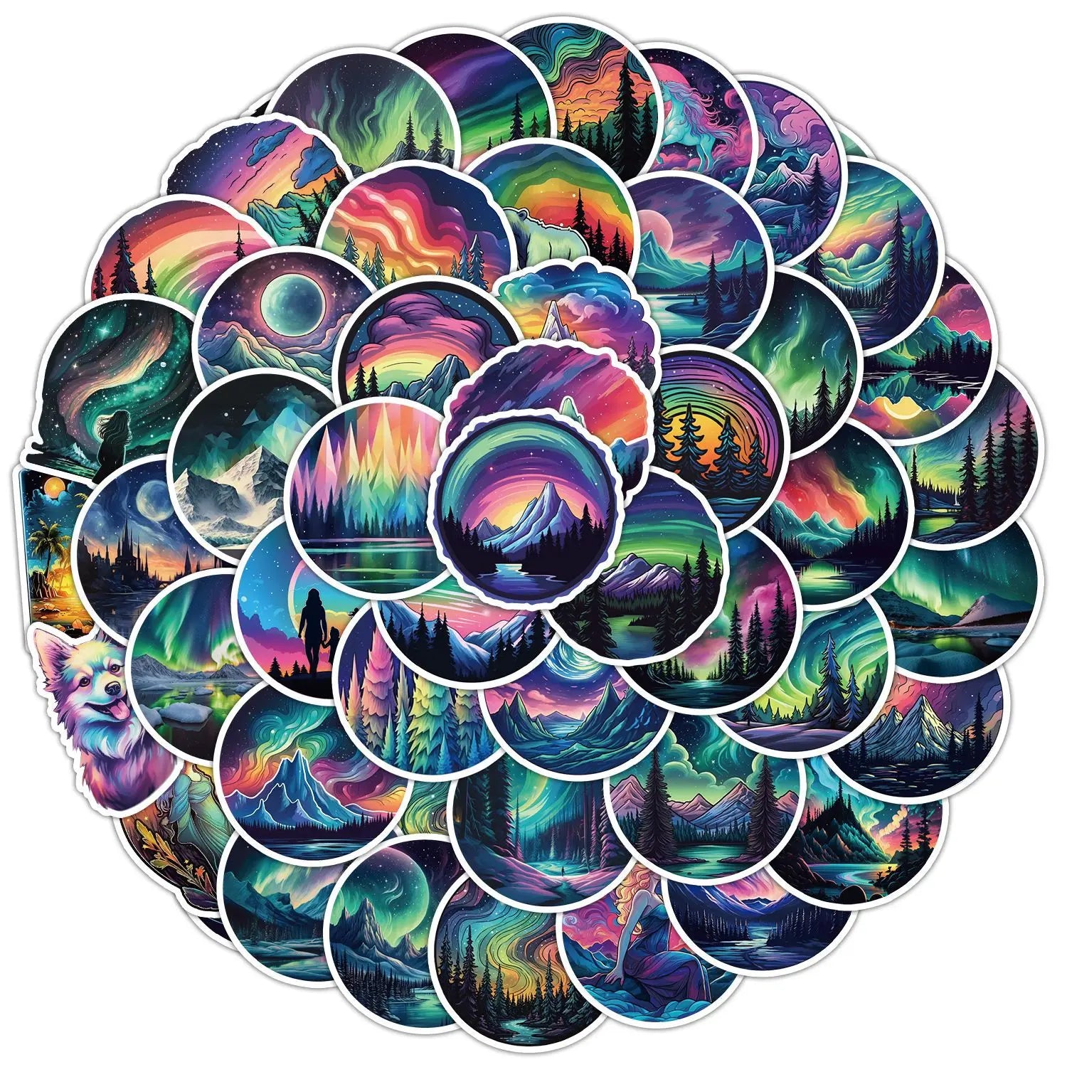 50pcs Fashional Aurora Borealis Round galaxy Night Sky Animal Bear Walking Northern Lights Sticker