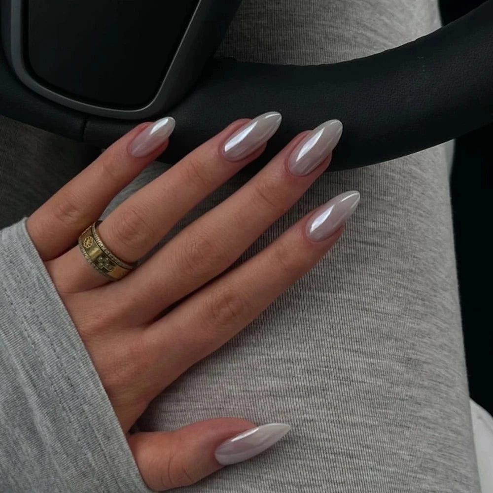 24 Pcs Coated White Solid Color Nail Extensions Short Almond Nude Acrylic Press on Nails Customize False Nails 3493