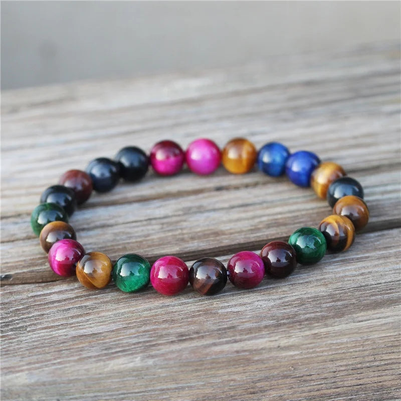 Boho Ethnic Fashion Men Women 8mm Multicolor Tiger Eye Elastic Bracelet Stretch Yoga Handmade Custom Jewelry Gift Wholesale