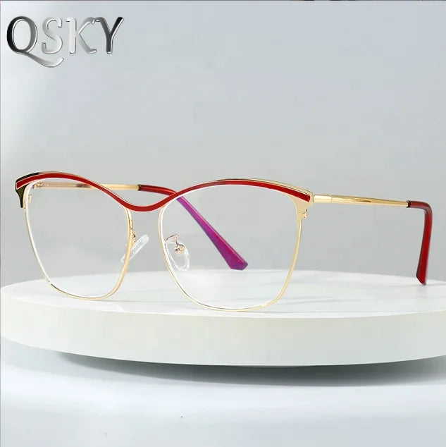 Qsky Fashion Women Metal Reading Glasses Optical Eyewear Cat Eye Anti Blue Radiation Computer Eyeglasses for Woman