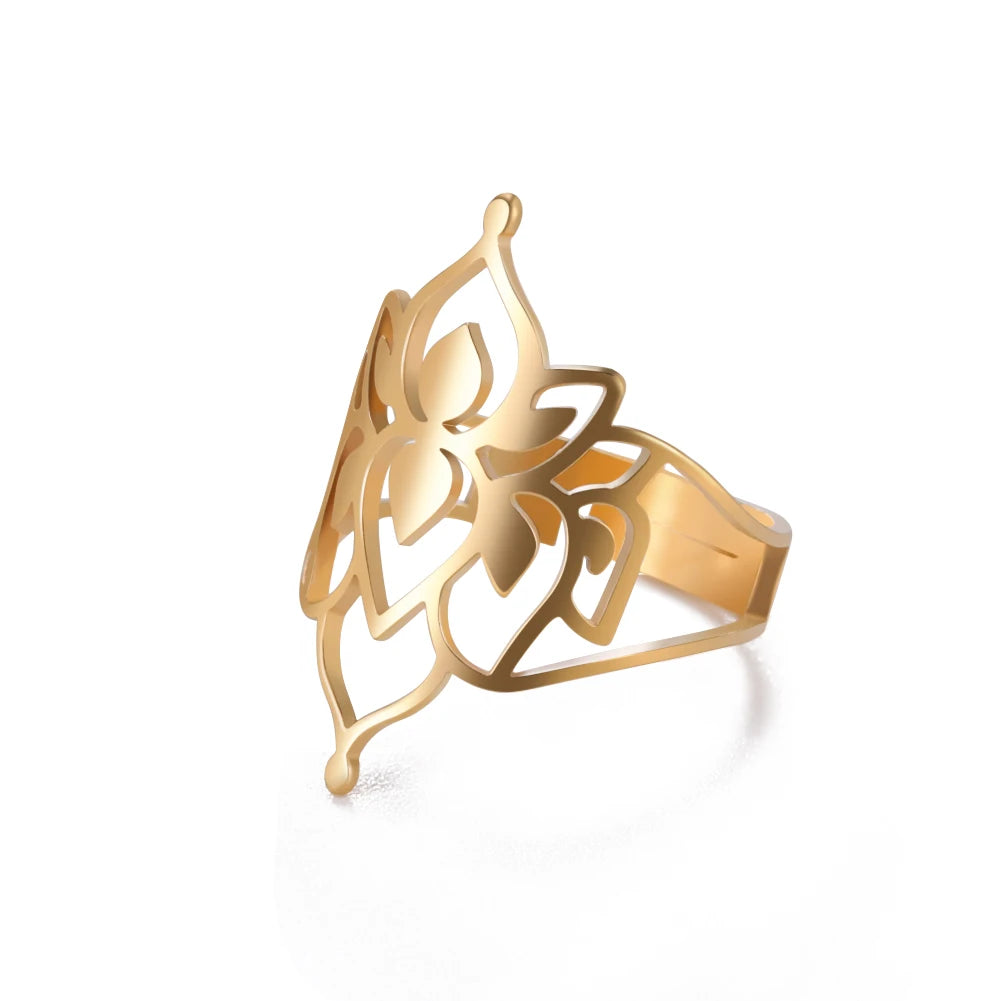 Hollow Double Layer Lotus Ring for Women Adjustable Stainless Steel Vintage Ring Jewelry