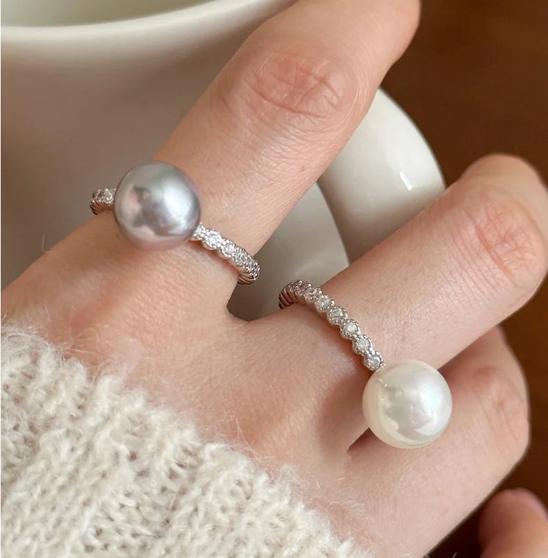 Luxury Elegant Pure 925 Sterling Silver Fancy Gray White Round Pearl Openwork Finger Rings for Women Girls