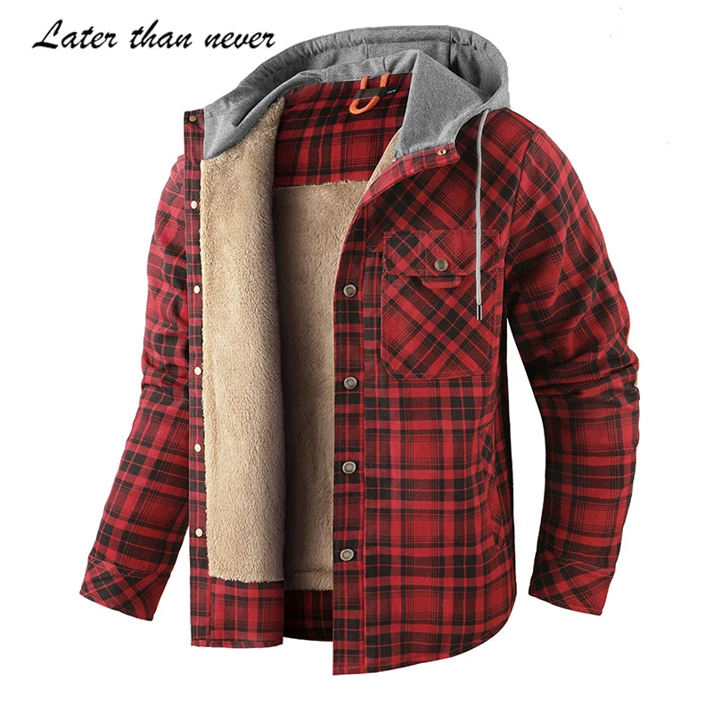 US Size Full Cotton Winter Men's  Flannel Thick Shirt Jacket  Patchwork Hooded Outdoor Tactical Jacket With Sherpa Lining