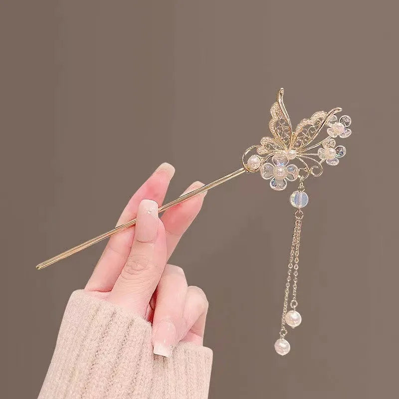 Butterfly Love Flower Pearl Tassel Hair Stick Hanfu Pan Hair Step Shake Hairpin Headwear Hairpin for Women Accessories