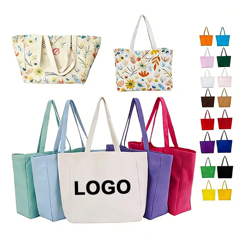 Custom logo Cotton Canvas Bag Natural Recycled Large Durable Women's Cotton Canvas Shoulder Shopping Grocery Handbag Bag