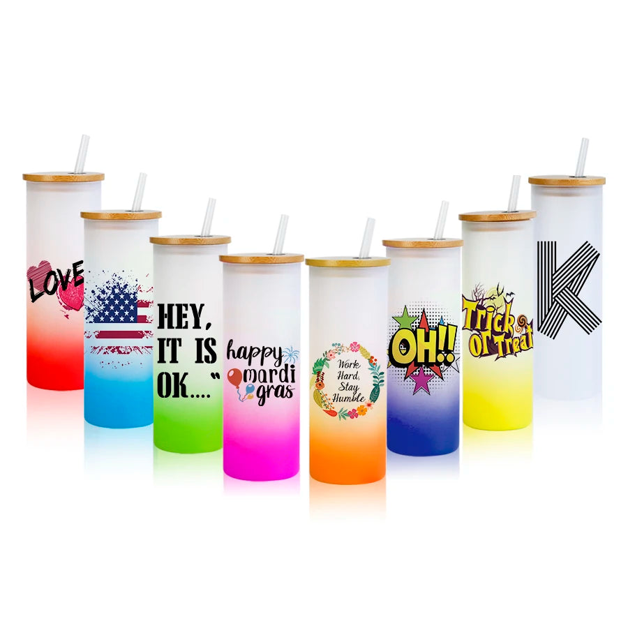 Topjlh RTS 18oz Gradient Frosted Glass Water Bottle Colored Bamboo Lid Straw Sublimation Blanks Bulk Wholesale Custom Drinkware