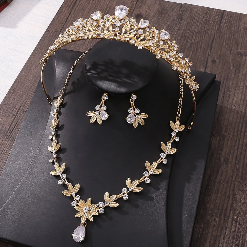 Boxed Korean Crystal Zircon Flowers Bridal Wedding Crown Necklace Earring Headdress Set Girl Rhinestone Alloy Hair Accessories MegaBDM