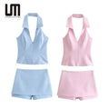 Liu Ming Custom logo Fashionable Spring Summer Women Casual Halter Neck Tank Tops Mini Skirts Shorts Suits