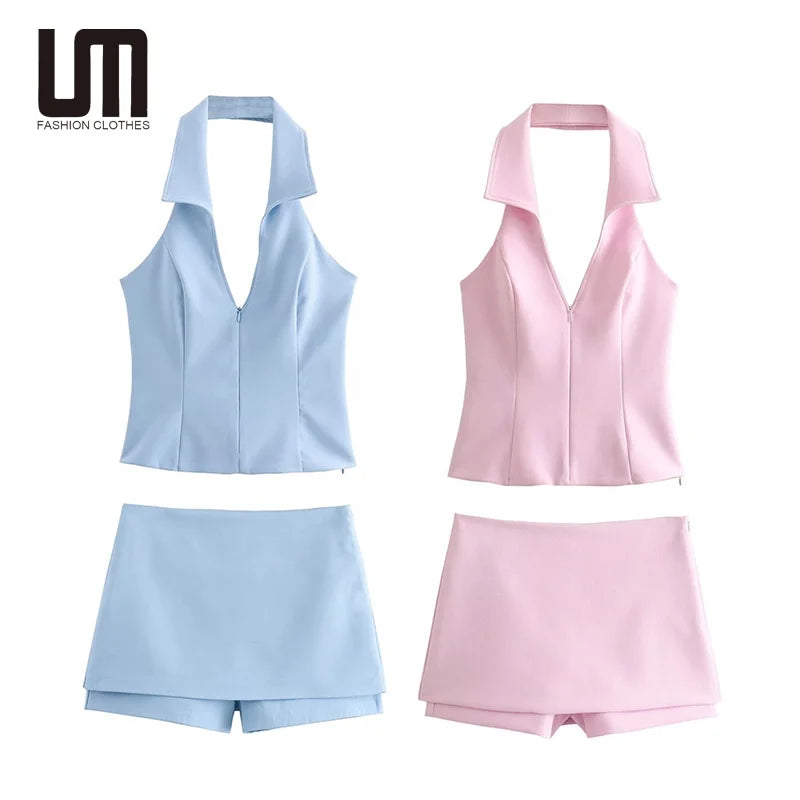 Liu Ming Custom logo Fashionable Spring Summer Women Casual Halter Neck Tank Tops Mini Skirts Shorts Suits