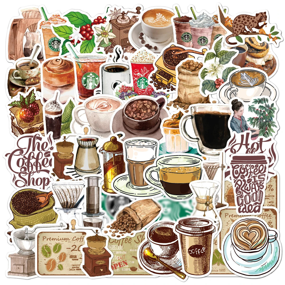 50Pcs Vintage Cartoon Coffee Drink Cup Decorative Stickers for Table Wall Laptop Phone Waterproof Coffee Bean DIY Sticker