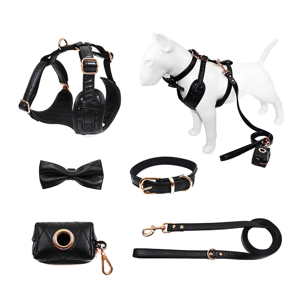 Personalized Adjustable Waterproof PU Leather Dog Harness Matching Nylon Inner Layer Leash Collar for Dog Walk