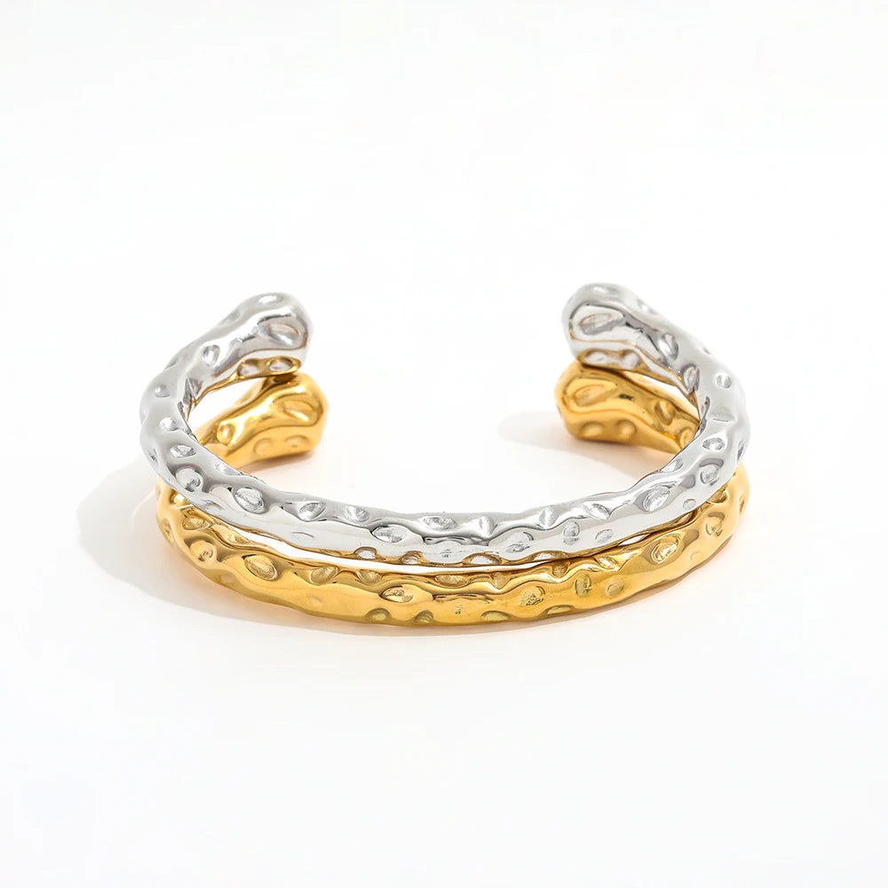 High End 18k PVD Gold Plated Hammered Chunky Cuff Bracelet Trendy Stainless Steel Fashion Jewelry Women Party Gifts Wholesale
