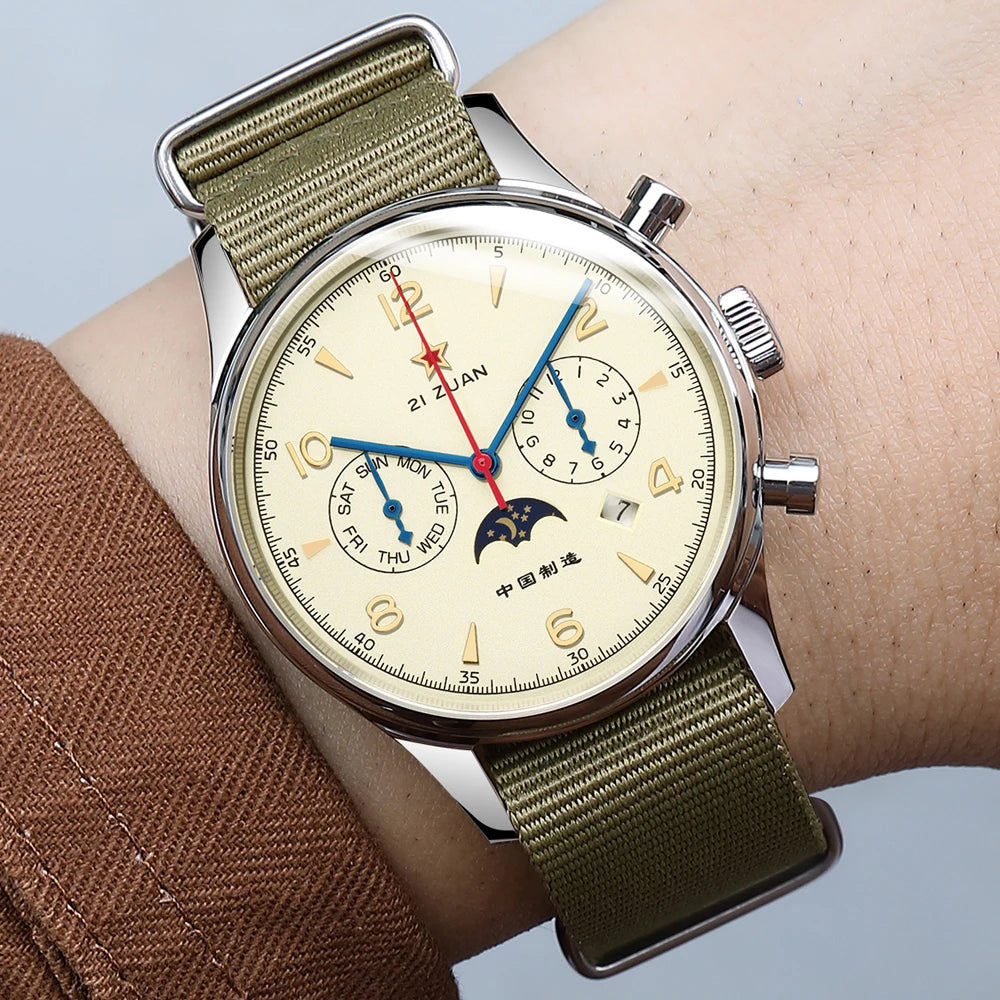 SEAKOSS Automatic Mechanical Wristwatch for Men 1963 Seagull ST1654 Movement 24H-Hour Display Calendar Leather 20mm Mens Watches