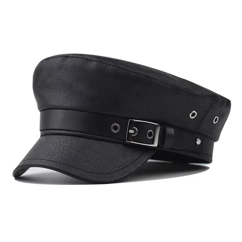 Unisex Navy Newsboy Cap 100% PU Leather Flat Top Gorras Korean Fashion Style for Men Women Students Locomotive Duck Tongue Beach