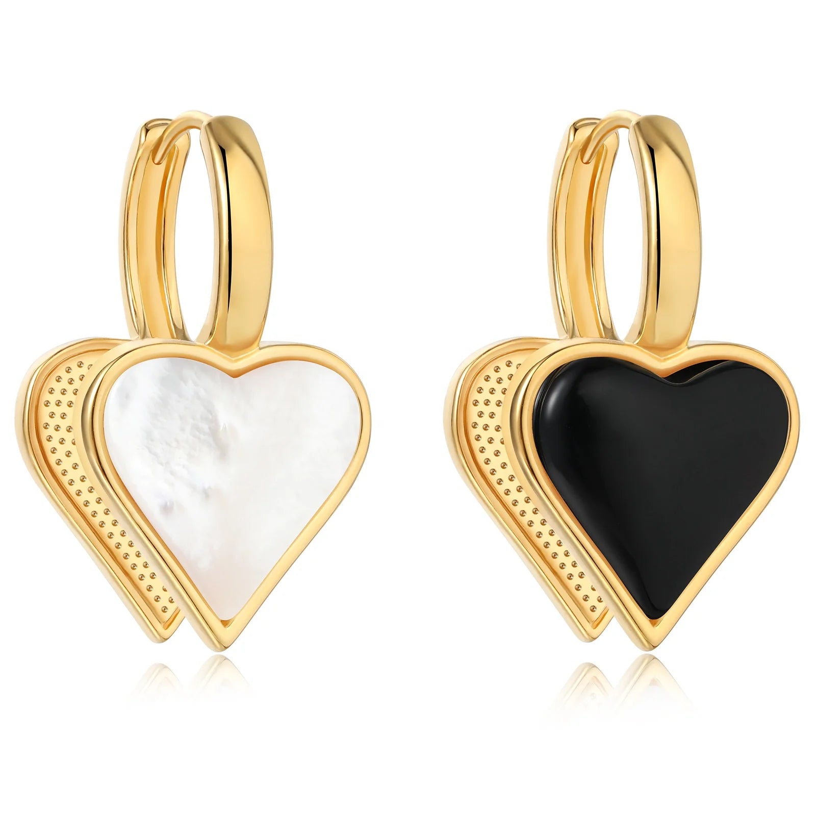 2024 New Brass Gold-Plated Natural White Mother-Of-Pearl Black Onyx Double-Sided Heart Earrings Women Jewelry Factory Wholesale