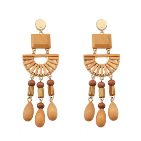 Bohemian Exaggerated Pendant Drop Earrings Vintage Geometric Long Tassel Wooden Beads Dangle Earrings for Women