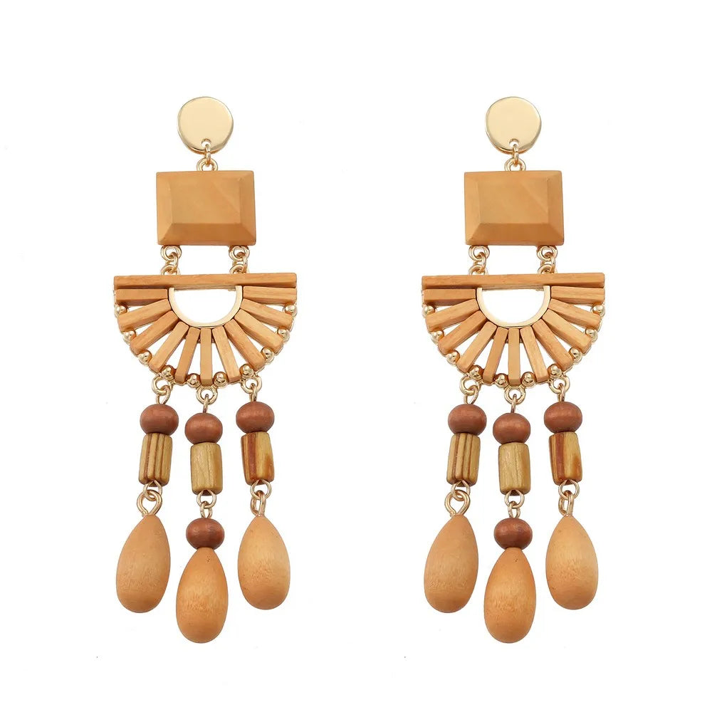Bohemian Exaggerated Pendant Drop Earrings Vintage Geometric Long Tassel Wooden Beads Dangle Earrings for Women
