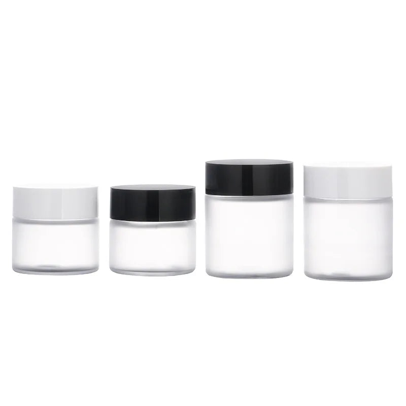 20ml 30ml 50ml Empty Frost Matte Glass Containers Cosmetic Cream Jar Packaging With White Lid Black Cap 5g 10g 15g 20g 30g 50g