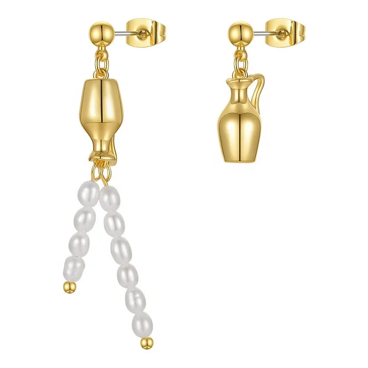 Liliflor Waterproof 18K Gold Plated Brass Asymmetrical Bottle Natural Pearl Drop Stud Earrings for Women Fashion Jewelry E211231