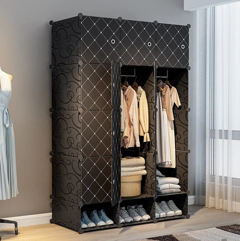 Black Checkered Plastic Closet Storage Wardrobe Sturdy Durable Closed Organization for Bedroom Living Room