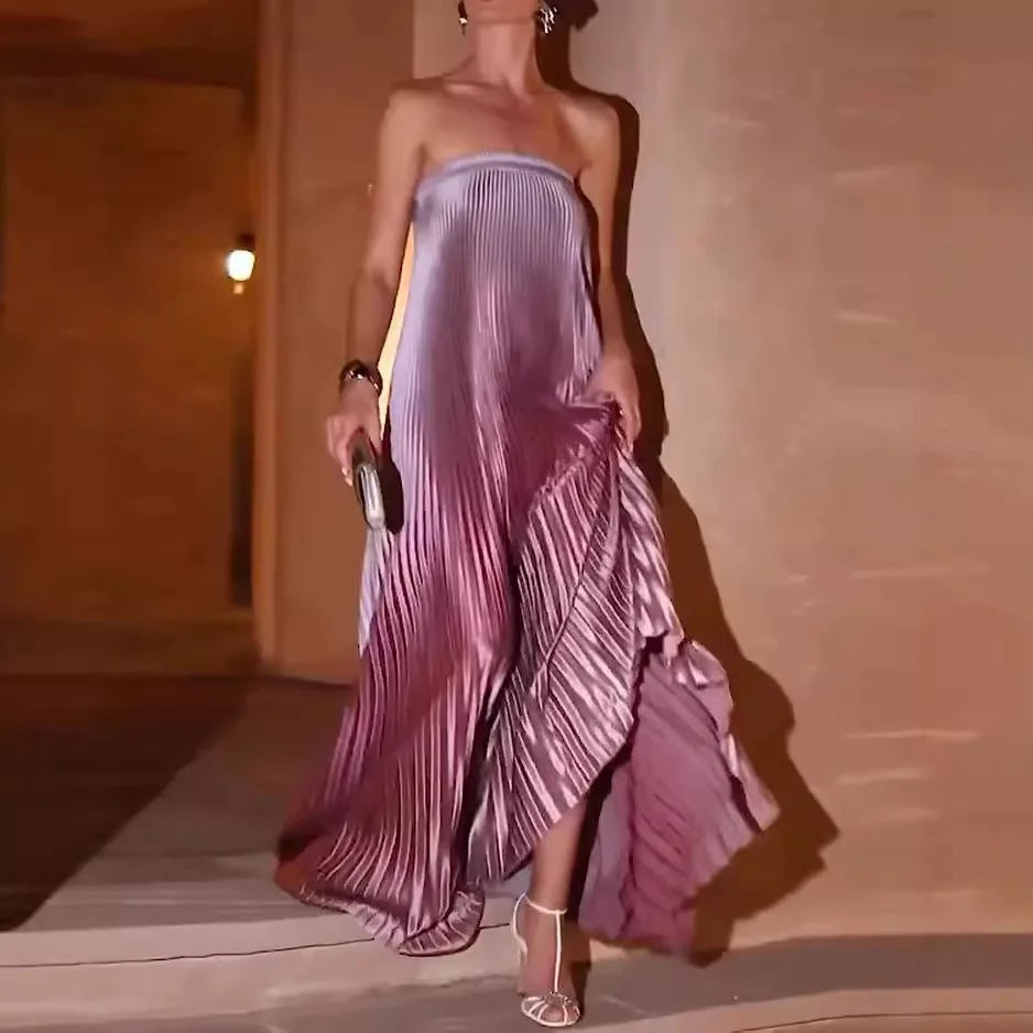 Women Elegant Big Hem One Shoulder Party Dress Show Style Pleated Gala Gowns Banquet New 2026 Gradient Tube Tops Evening Dress