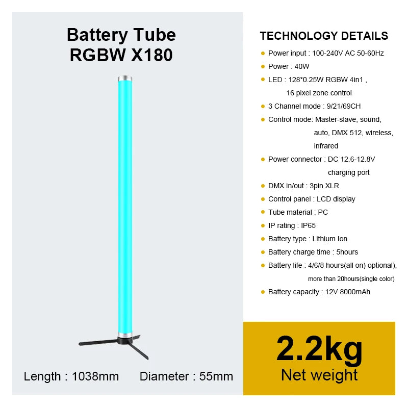 Hot-selling IP65 Battery Wireless Remote 1meter 40W RGBW Pixel  Led Tube Lights for Dj Party Wedding Concert Event Stage Light