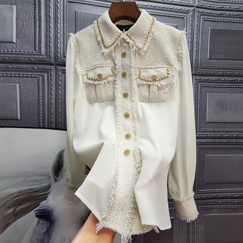 S-XXL Autumn and Winter New Shirt Chain Knitted Tweed Coat Fashion Splice Women's Top