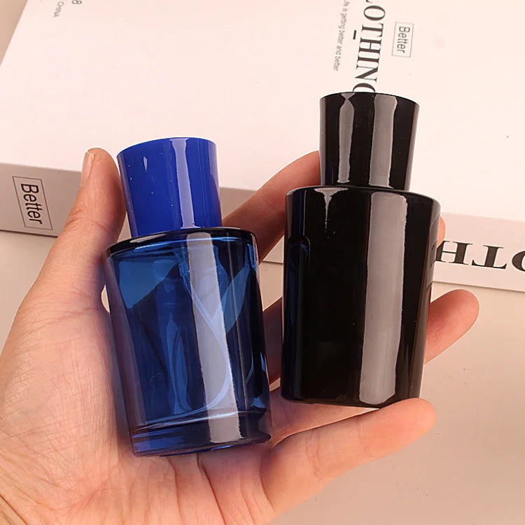 High Grade Screw Mouth Thick 50 ml Perfume Oil Spray Bottle Black Blue clear Perfume Glass Bottle with Box