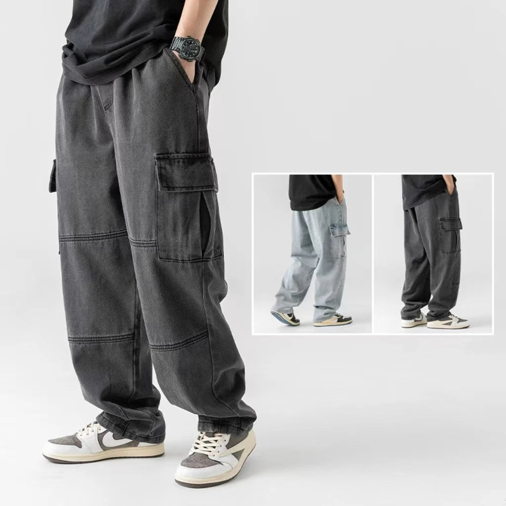 Japanese Men's Double Three-dimensional Pocket Jeans Four Seasons New Vintage to Do Old Washing Cargo Pants Men