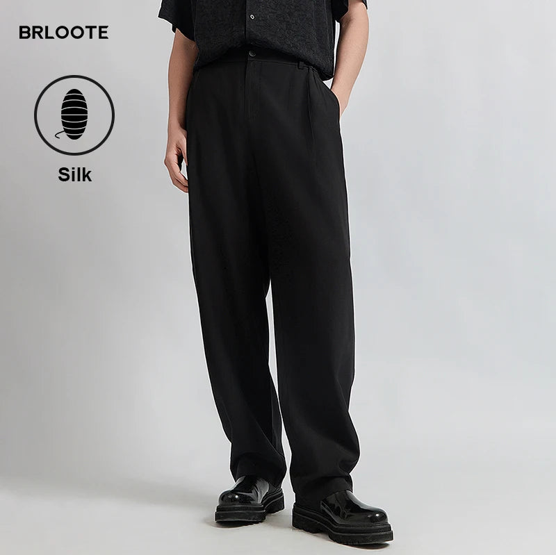 High Quality Men's Knitted Mid Waist Straight Casual Baggy Trousers Lightweight Wide Leg Flat Solid Color Loose Fit Wholesale