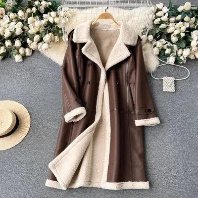 Winter Mid Length Motorcycle Jacket Versatile Loose and Lazy Fur Integrated Coat