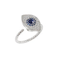 Women's Non-Tarnish Rhodium Plated S925 Sterling Silver Zircon Blue Eye Design Relief Anxiety Rotating Ring