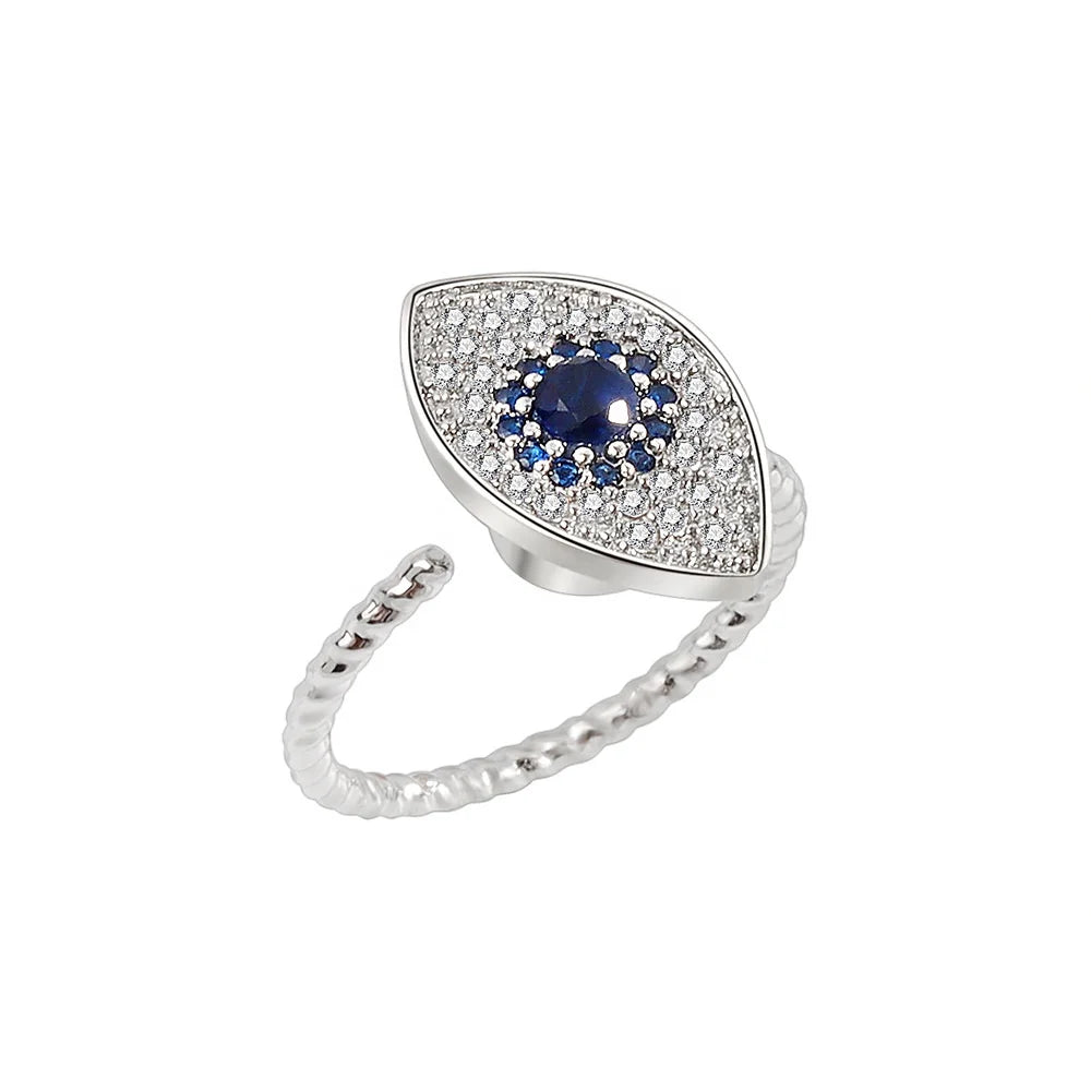 Women's Non-Tarnish Rhodium Plated S925 Sterling Silver Zircon Blue Eye Design Relief Anxiety Rotating Ring