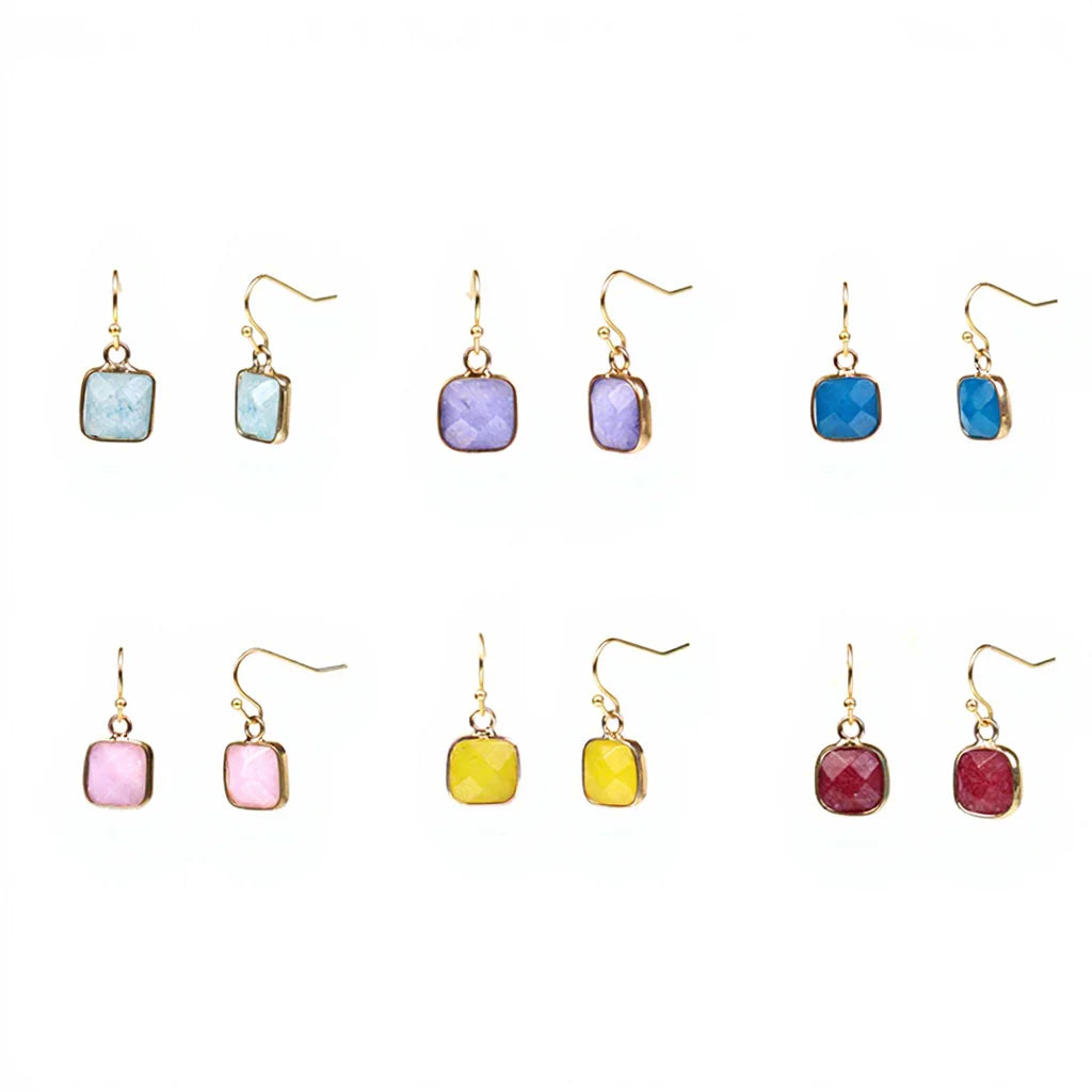 Natural Faceted Square Blue Red Green Jade Stone Crystal Earrings Stainless Steel Crystal Pink Jade Earring for Women Girls