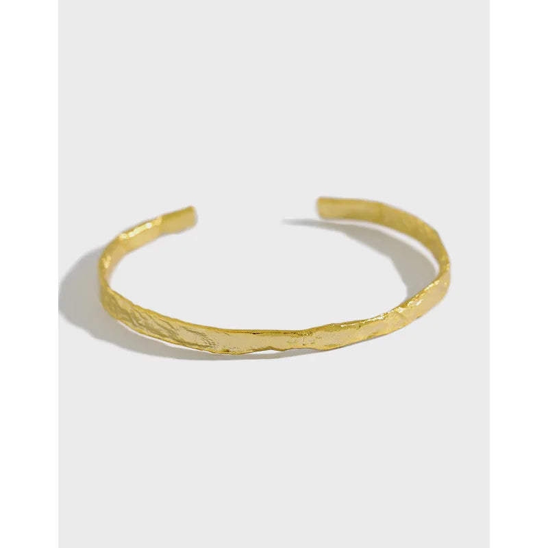 Genuine Sterling Silver 925 Irregular Concave Convex Gold Foil Pattern Bangles for Christmas Gifts Fine Jewelry