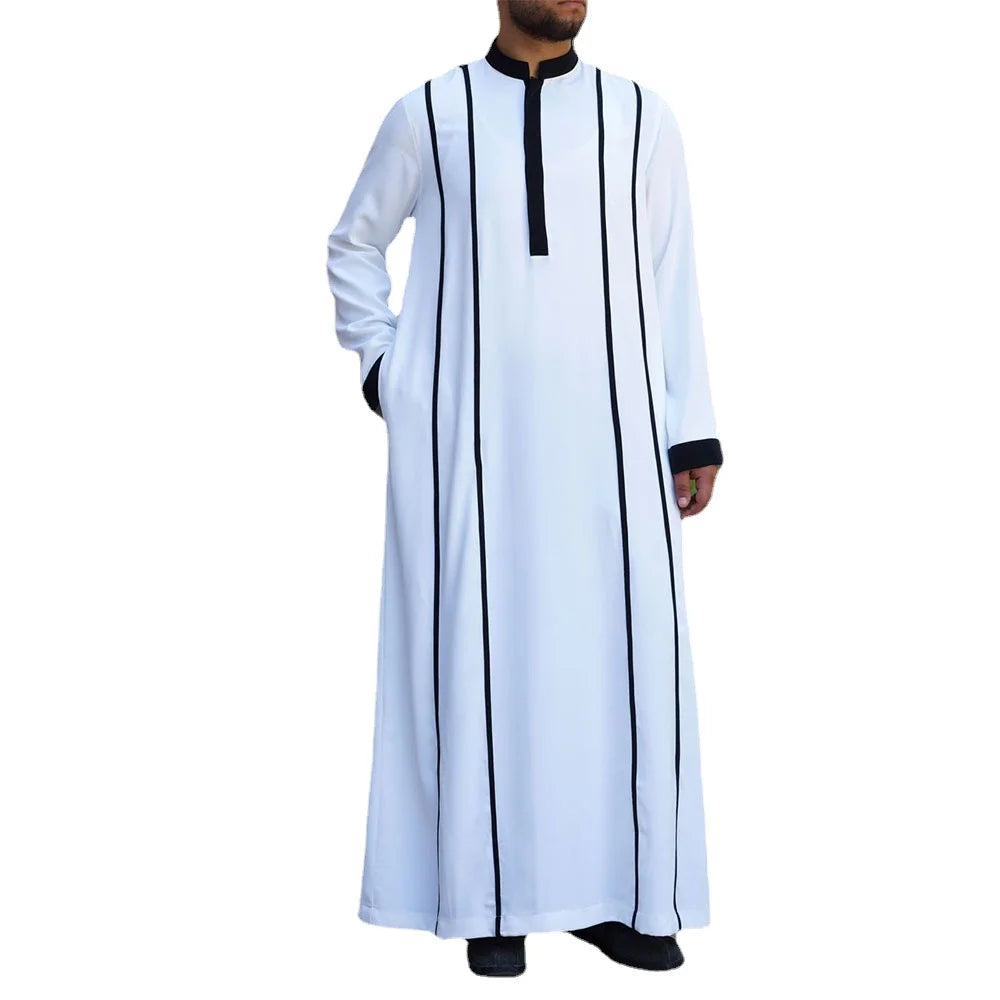 Double Stripe Man Full Length Loose T Shirts Full Sleeve Maxi Muslim Style Islamic Men Robes Dress Kaftan Saudi Arabia