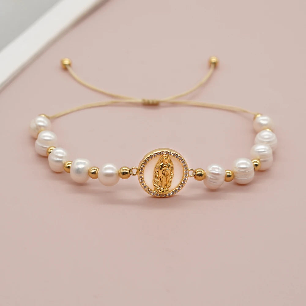 Go2boho Handmade String Gold Plated Beaded Bracelet Women Pulsera Jewelry Pendant Virgin Mary Charm Friendship Pearl Bracelets