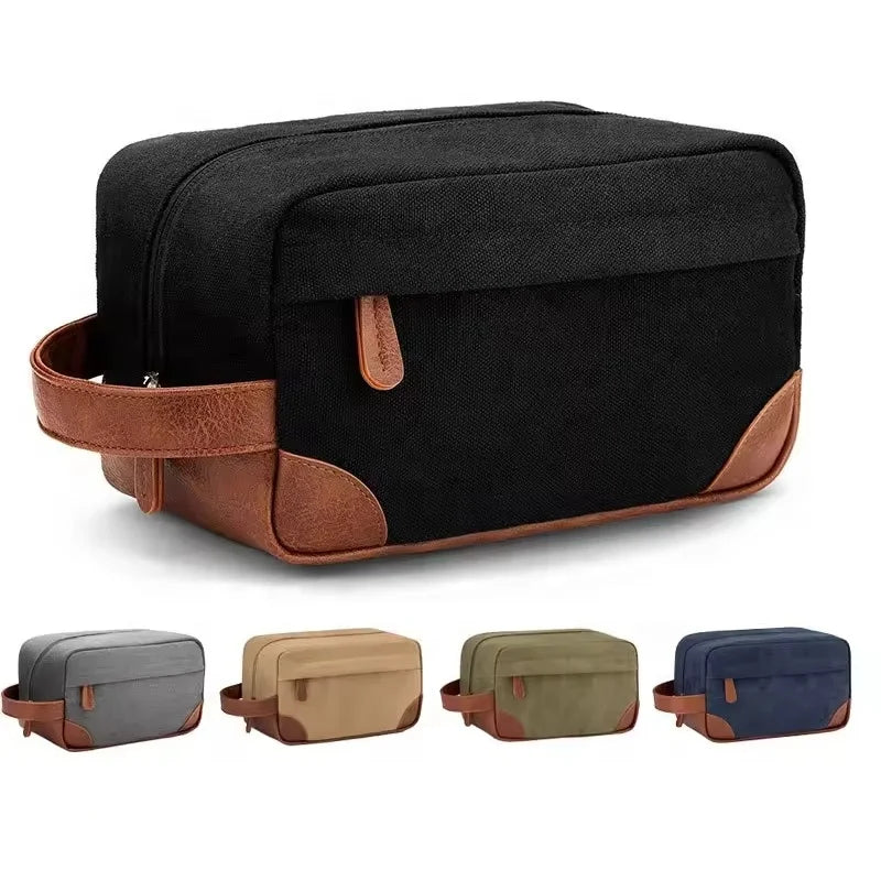 Wholesale Men Canvas Makeup Bag for Travel Shaving Bag Accessories Brown Canvas Storage Pouch With Zipper Cosmetic Bag