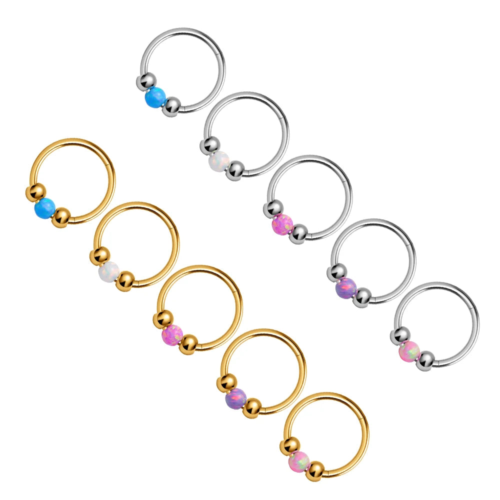 ASTM F136 Titanium Septum Hoop Clicker Nose Ring With 2 Ball and Opal Stone Ear Cartilage Tragus Helix Body Piercing Jewelry
