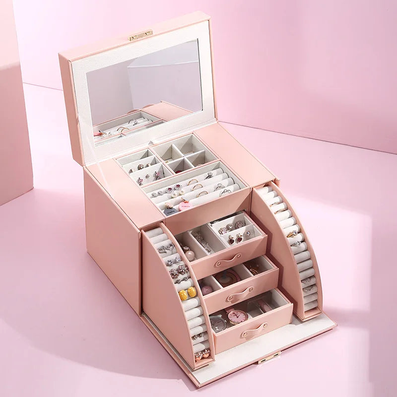 2022 Custom Logo Pink Luxury Drawer Jewelry Box Packaging With Mirror Large Ring Earring Necklace Bracelet Jewellery Storage Box